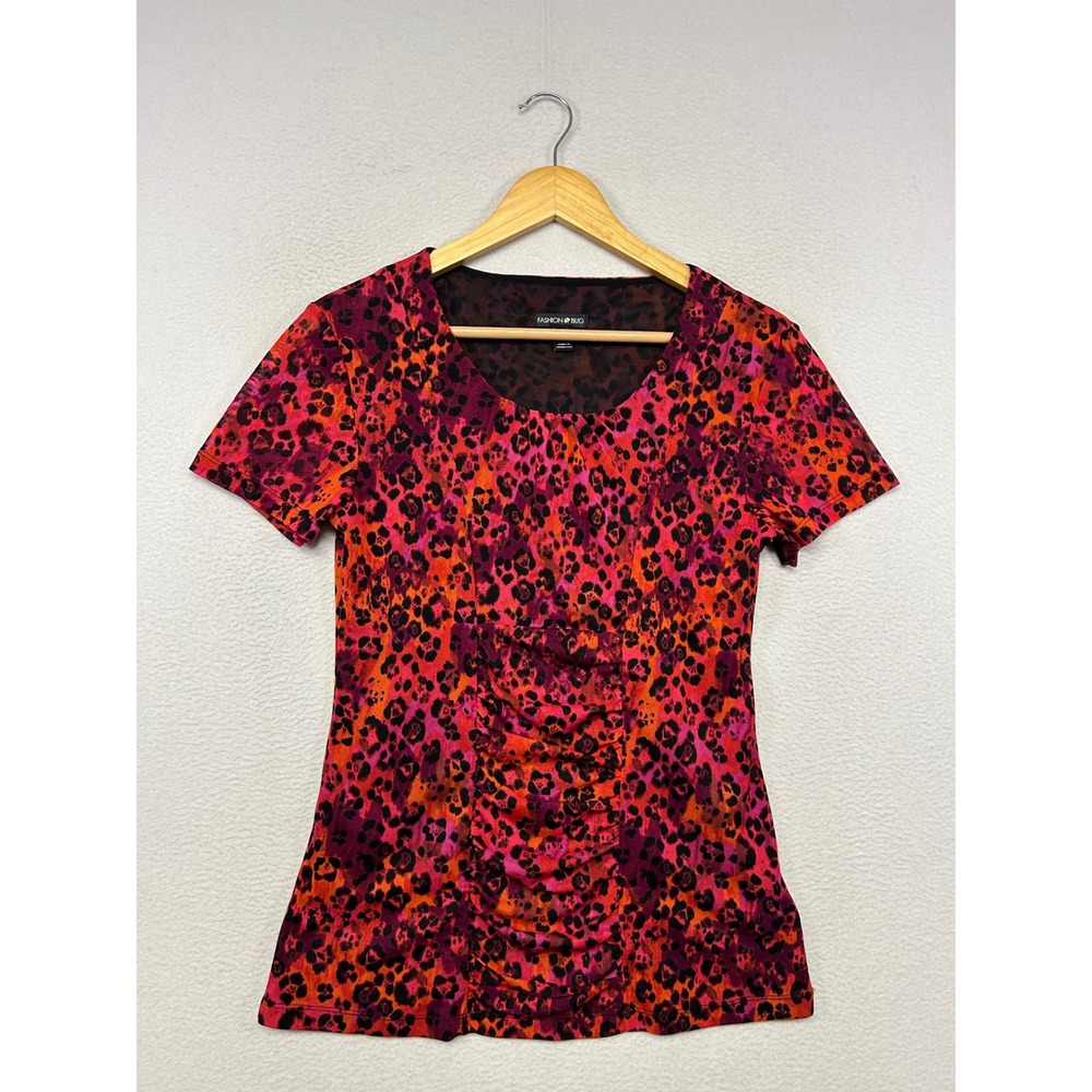Y2K Animal Print Fashion Bug Womens Size S Pink Orange Leopard Ruched Mesh Top